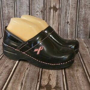 Sz 37 / 6.5-7 Dansko Professional Black Patent Pink Ribbon Comfort Clogs Nurse